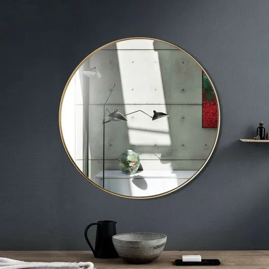 27.5" Modern Metal Wall-Mounted Round Mirror for Bathroom-Golden