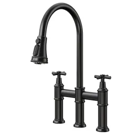 3 Hole 2 Cross Handle Transitional Bridge Kitchen Faucet with Pull-Down Sprayhead