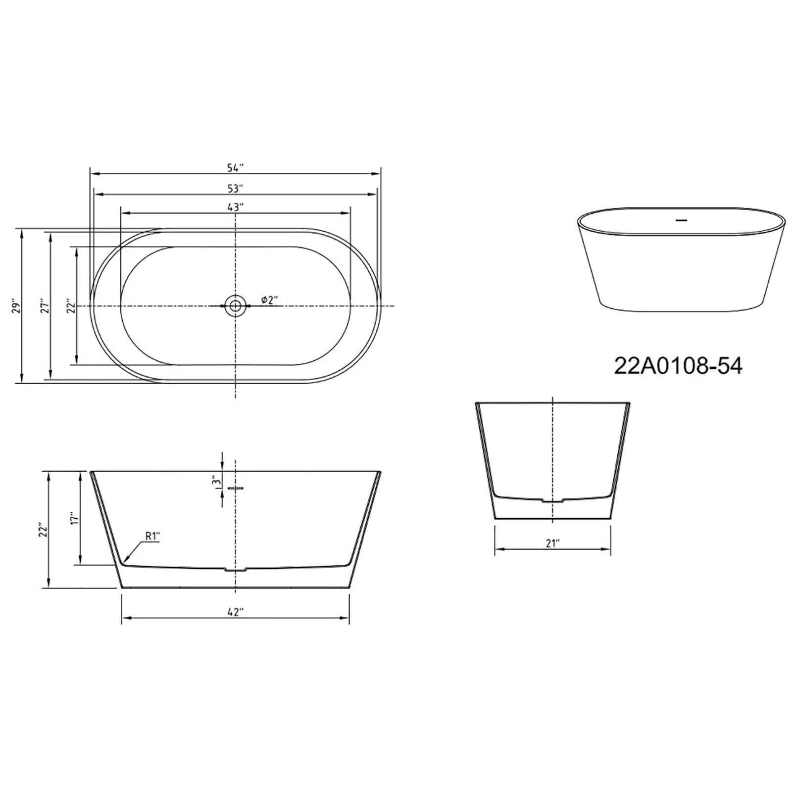 54'' White Oval Acrylic Bathtub