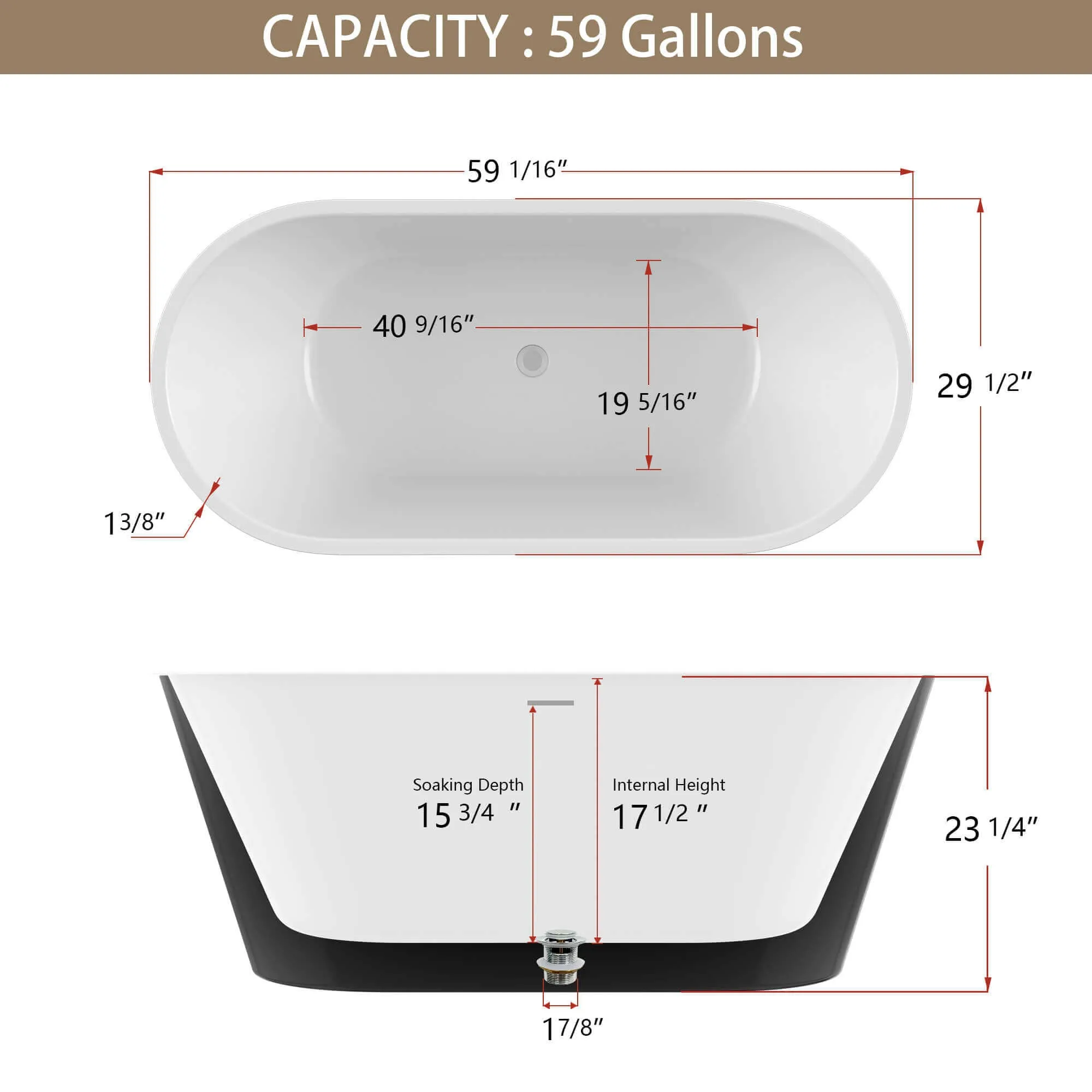 59" Acrylic Tub with Pop-Up Drain and Center Overflow Outlet