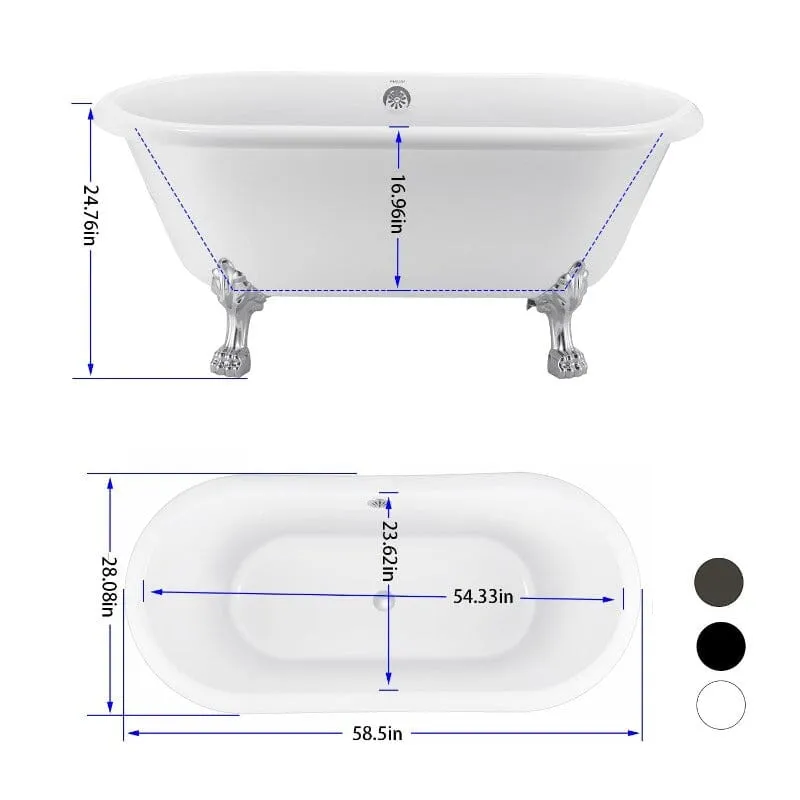 59" Double Ended Clawfoot Bathtub, Classical, Acrylic, IAPMO Certified