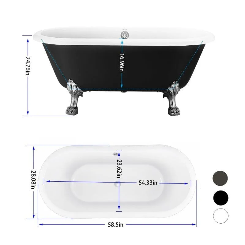 59" Double Ended Clawfoot Bathtub, Classical, Acrylic, IAPMO Certified