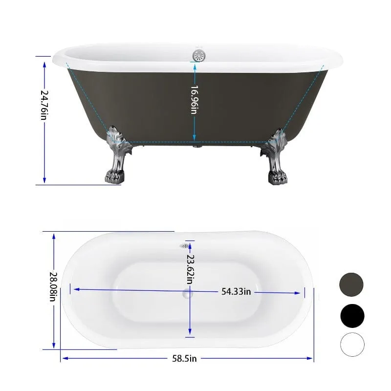 59" Double Ended Clawfoot Bathtub, Classical, Acrylic, IAPMO Certified