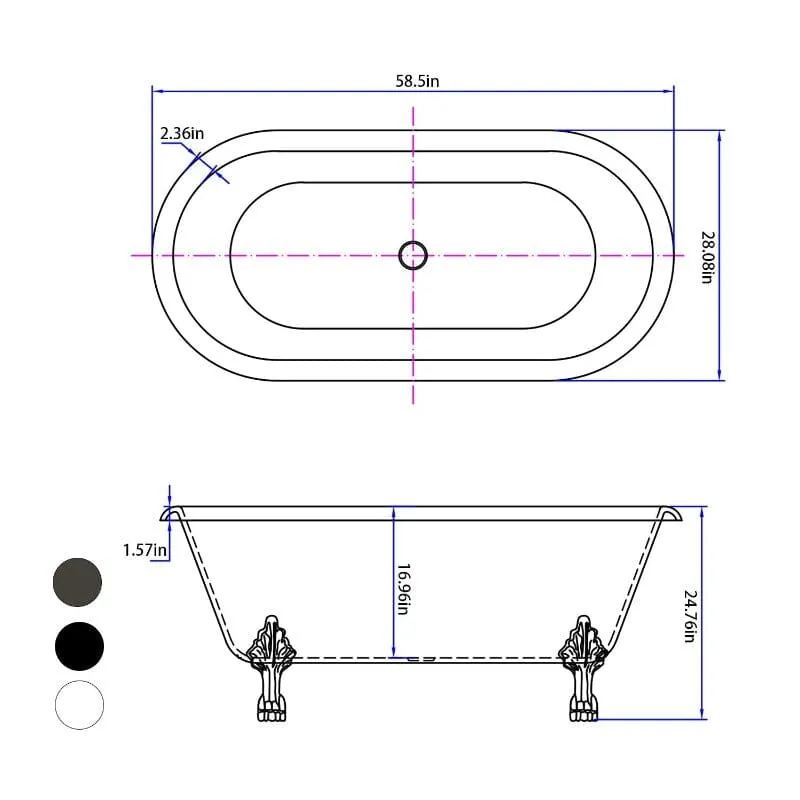 59" Double Ended Clawfoot Bathtub, Classical, Acrylic, IAPMO Certified