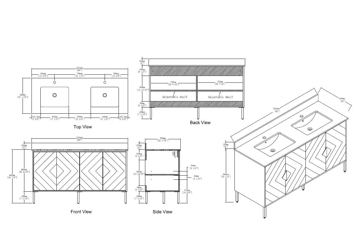 60" Tennant Brand Eileen Modern style double sink bathroom vanity - AC-66NB60