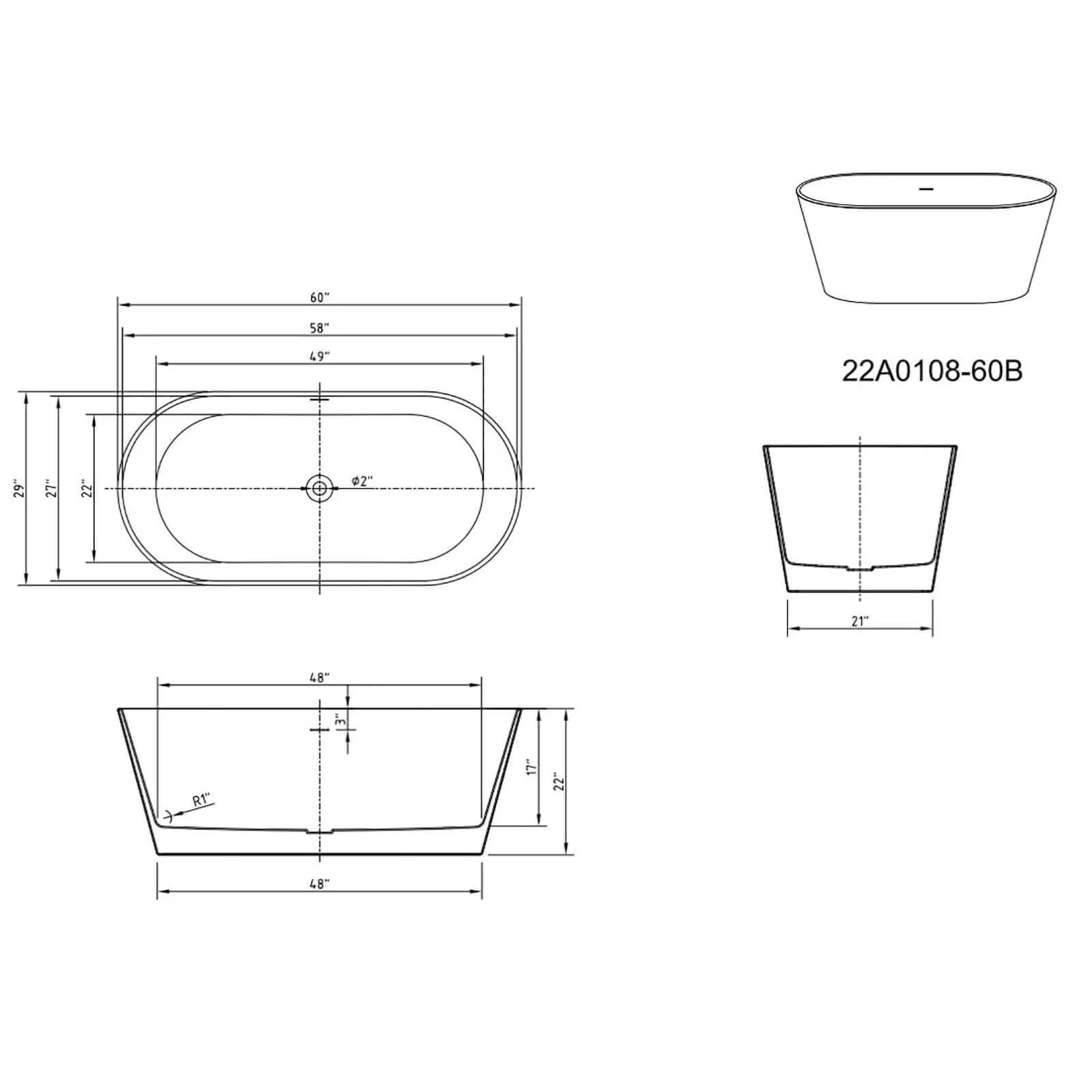 60" White   Black Acrylic Freestanding Bathtub