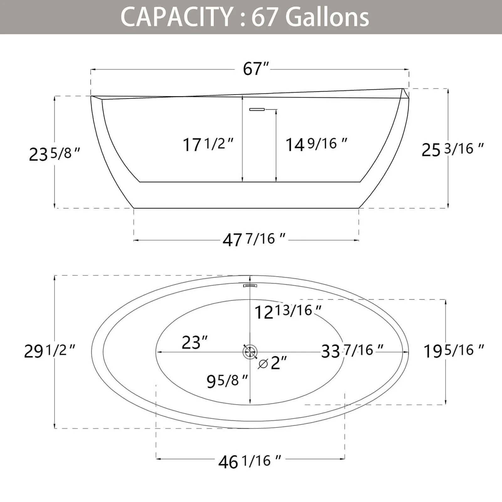 67" Acrylic Double Ended Tub with Center Overflow