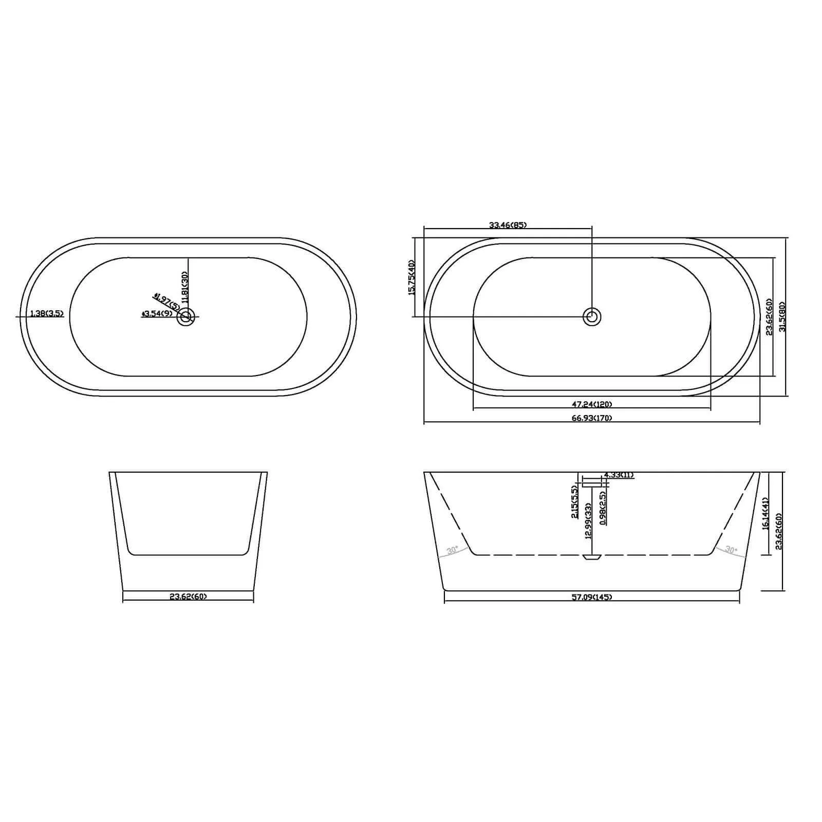 67" Acrylic Freestanding Tub with Chrome Overflow