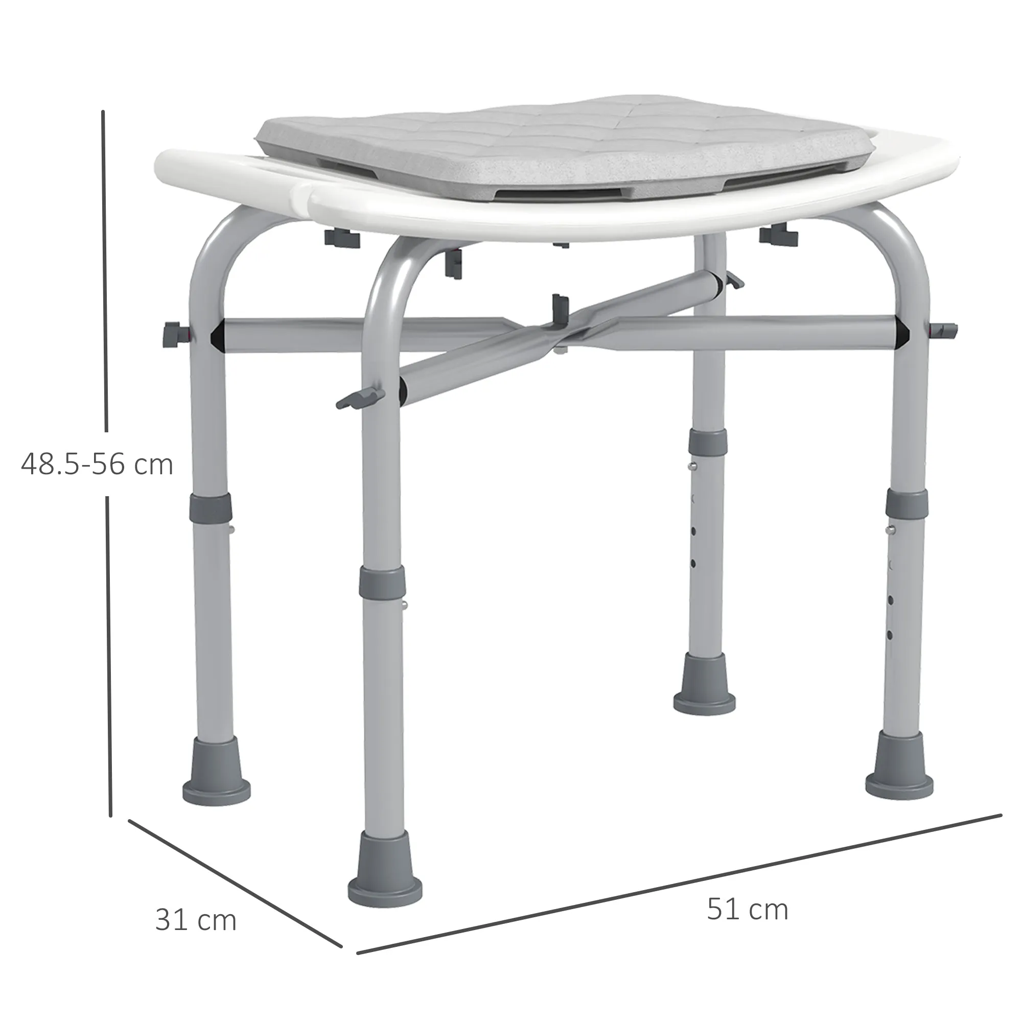 Aluminium Shower Stool for Elderly, Height Adjustable Shower Seat w/ Removable Padded Cushion, Shower Head Holder, Non-Slip