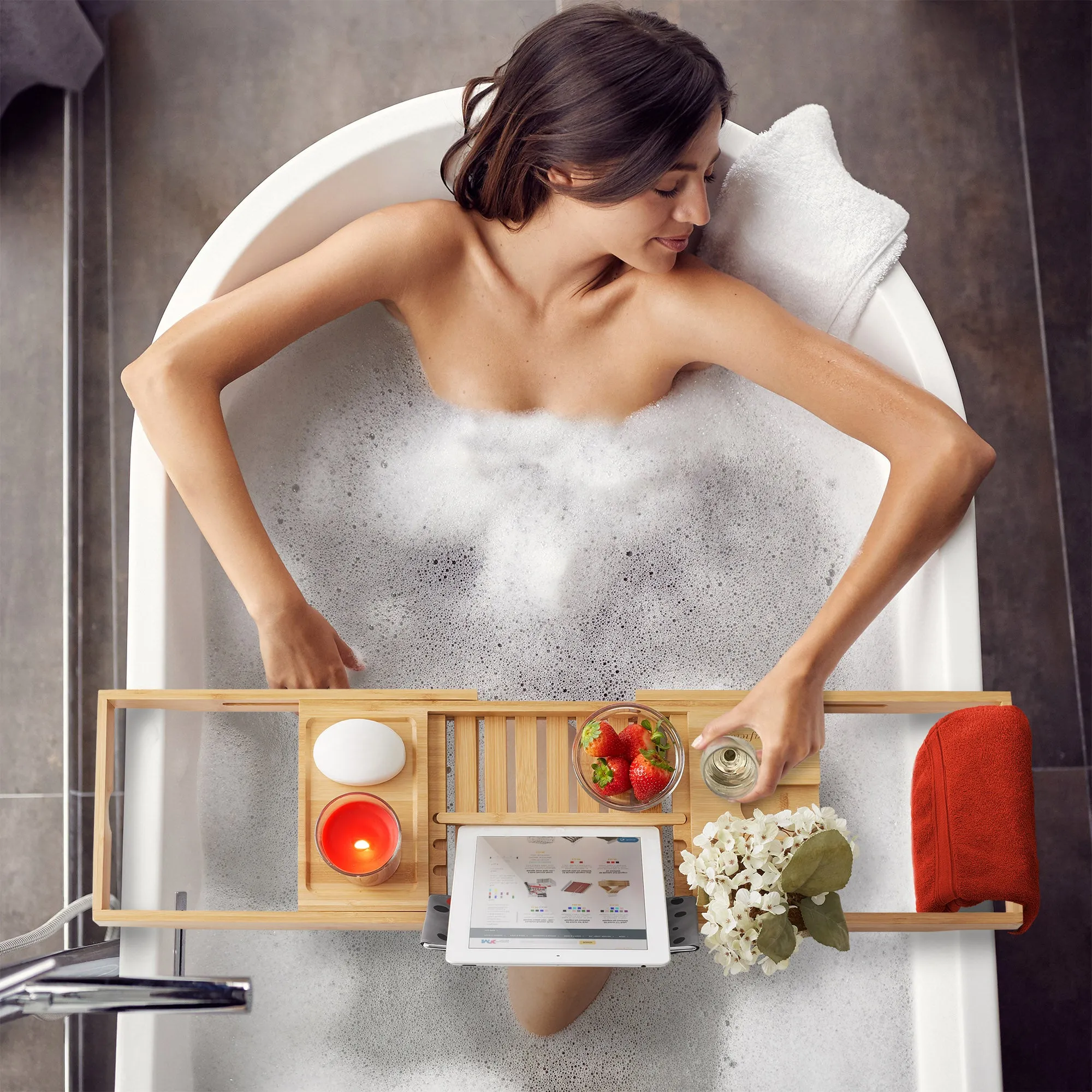 Bamboo Bathtub Caddy with Expandable Wooden Bath Tray