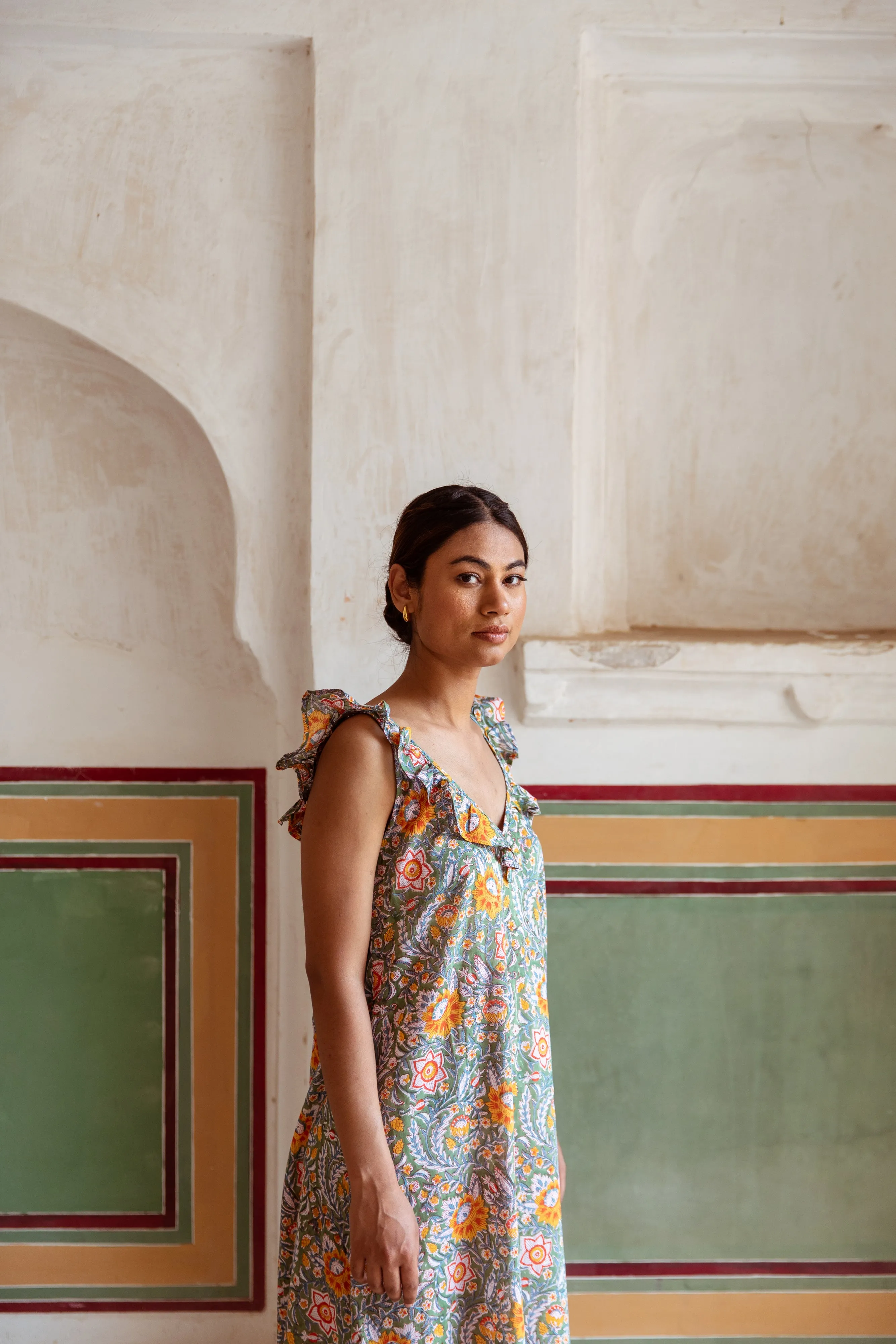 Block Print Cotton Nightdress - Green & Ginger Floral Print