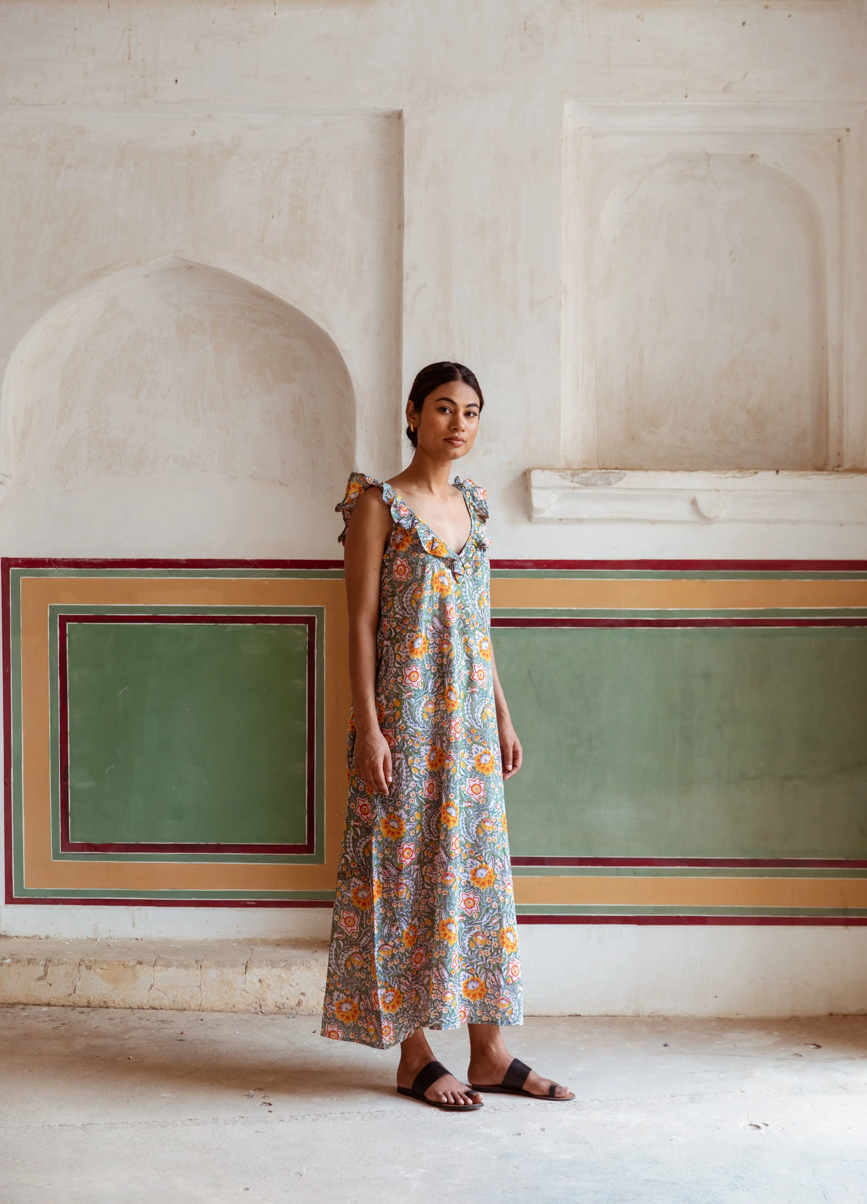 Block Print Cotton Nightdress - Green & Ginger Floral Print