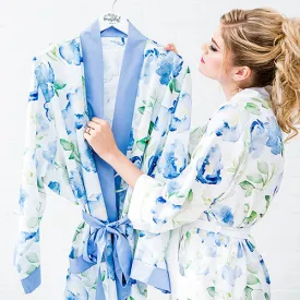 Blue Watercolor Floral Silky Kimono Robe on Blue Large