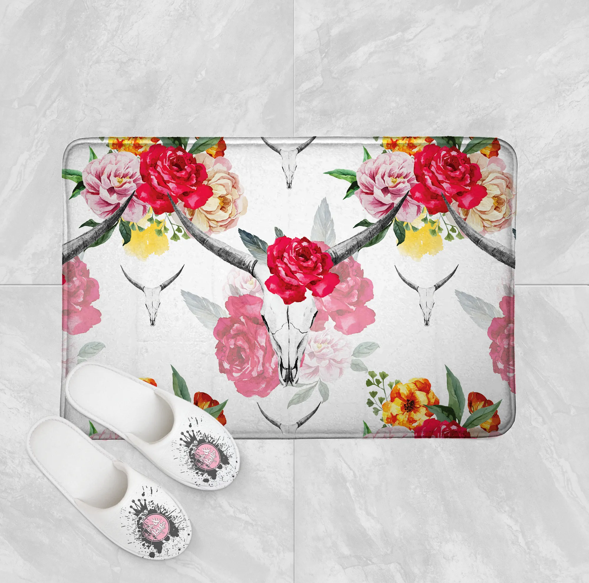 Bull Skull and Spring Flower Shower Curtains and Optional Bath Mats