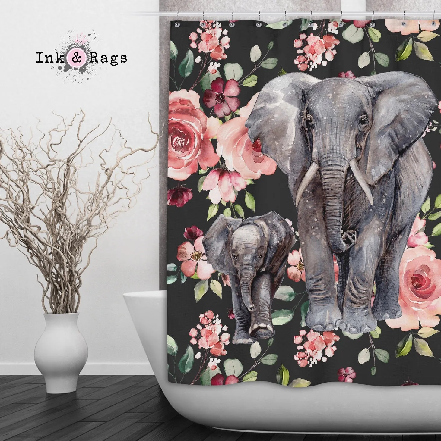 Dark Pink Rose Mama and Baby Elephant Shower Curtains and Optional Bath Mats