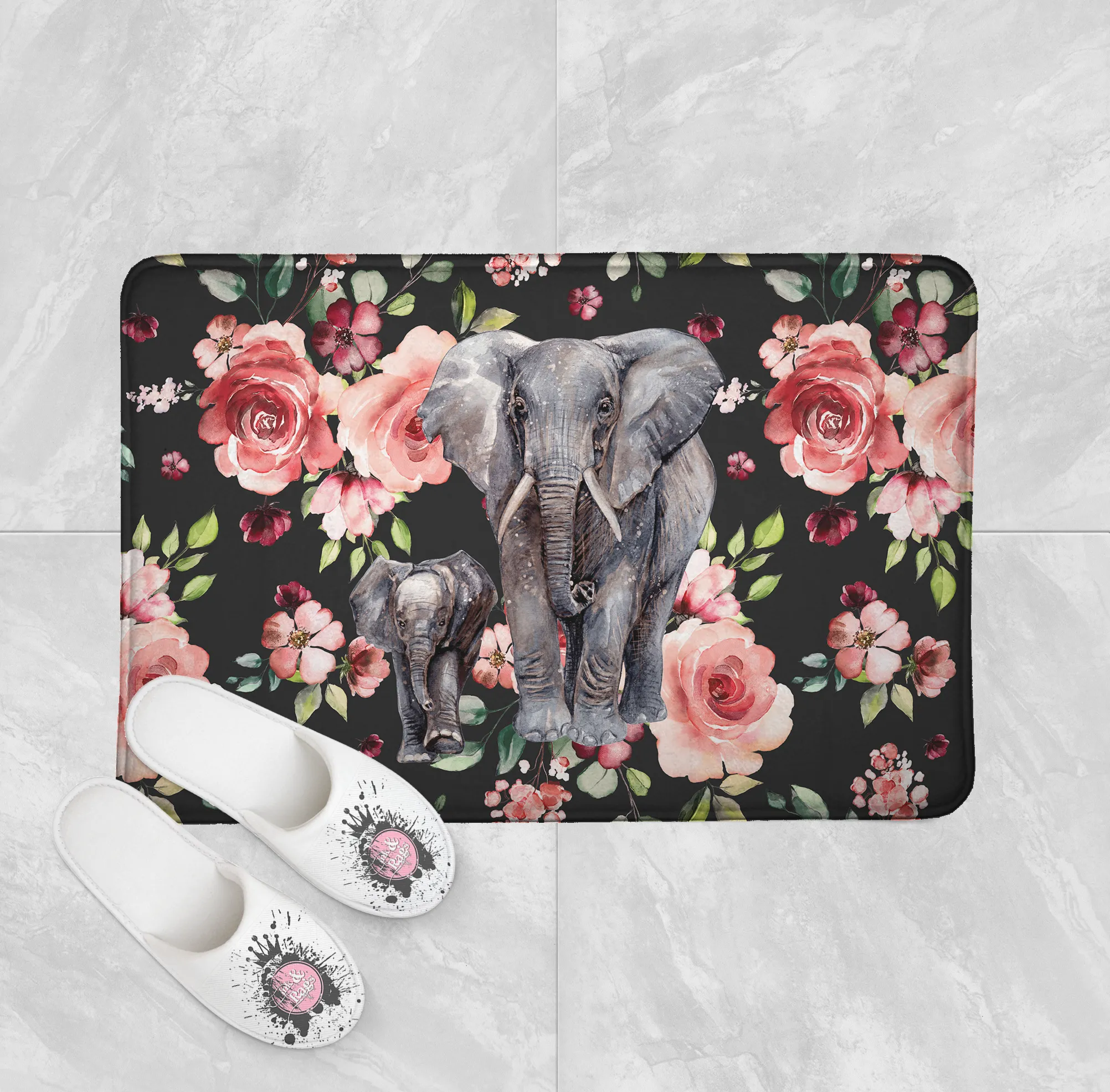 Dark Pink Rose Mama and Baby Elephant Shower Curtains and Optional Bath Mats