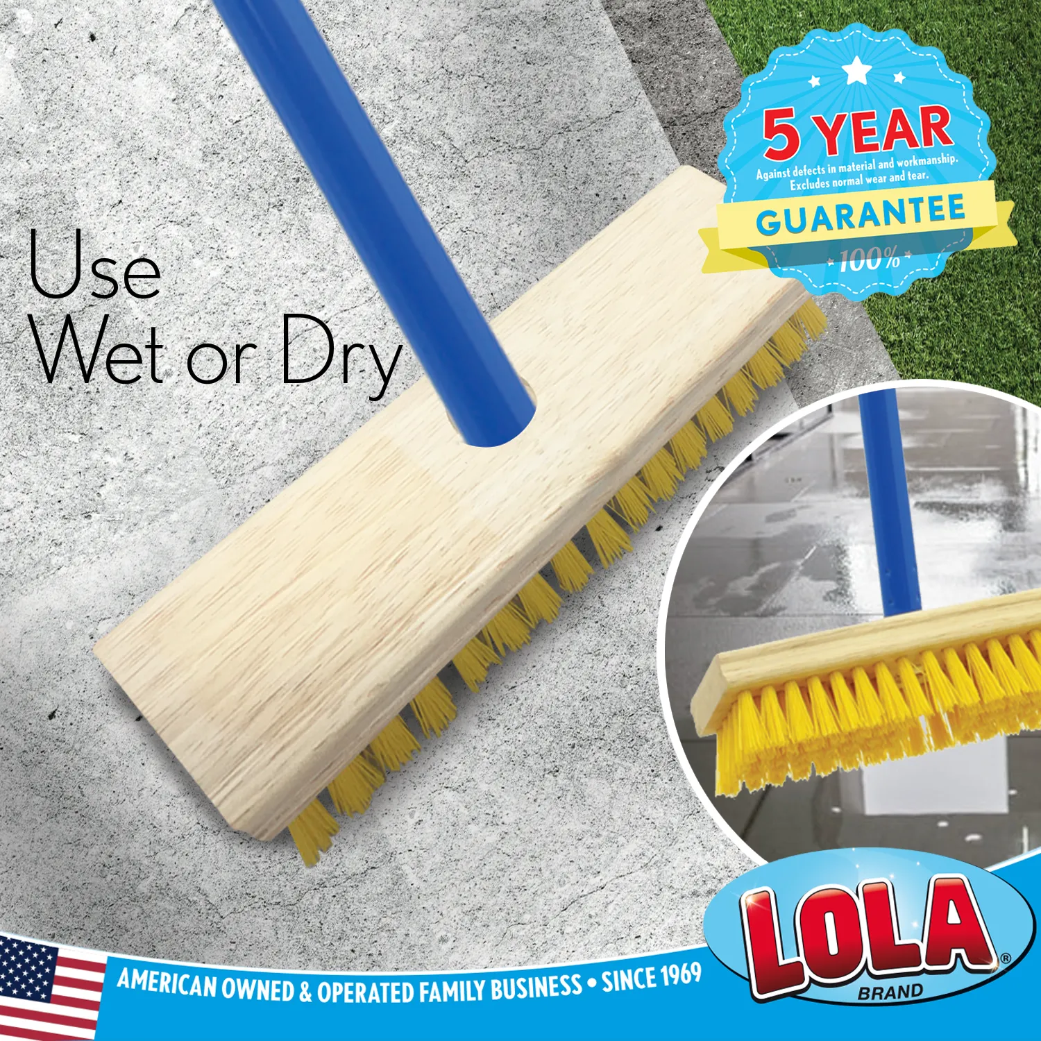 Deck Scrub Brush with 48" Long Broom Handle and 9.0" x 3.5" scrubber w/ 4-piece handle and 2 heads