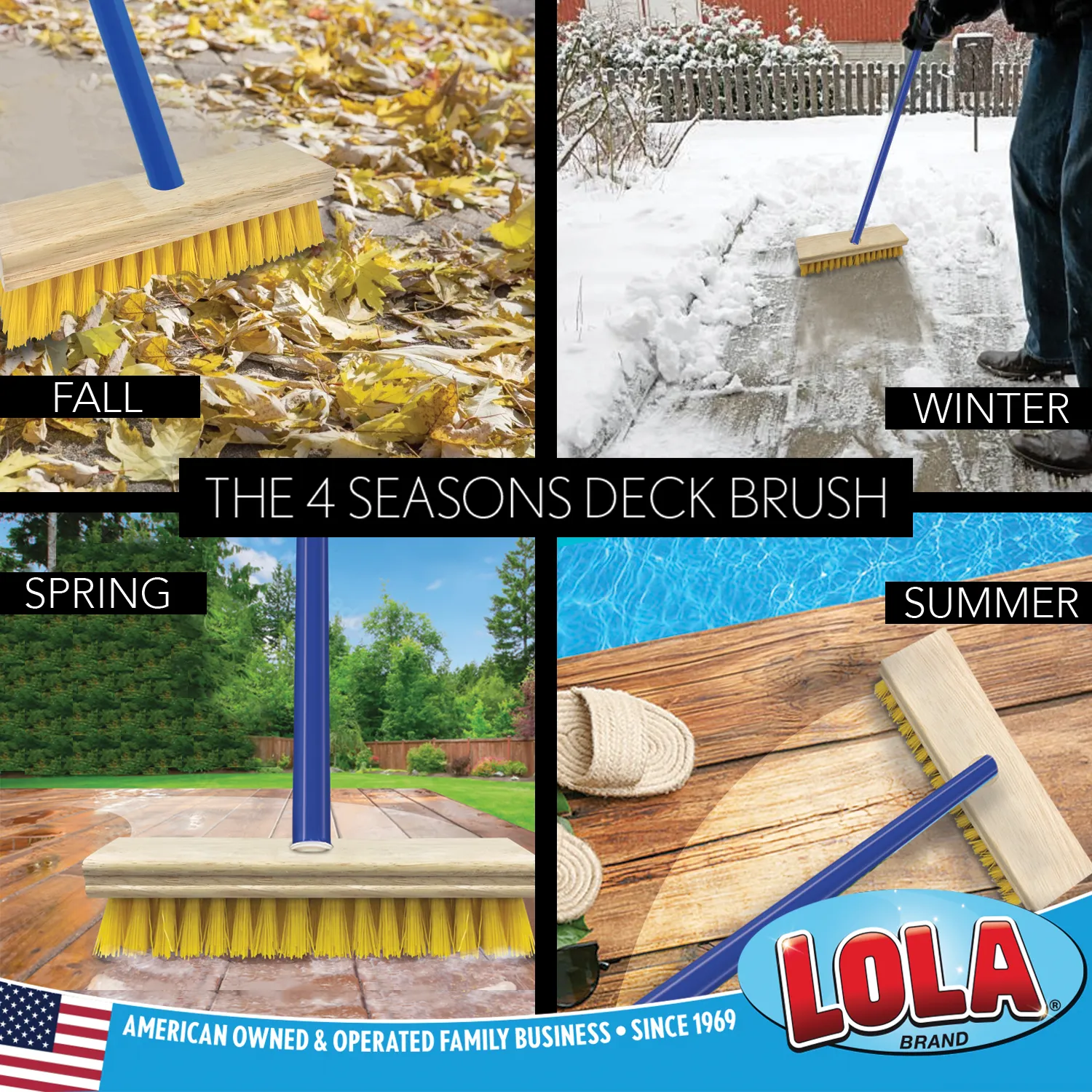 Deck Scrub Brush with 48" Long Broom Handle and 9.0" x 3.5" scrubber w/ 4-piece handle and 2 heads