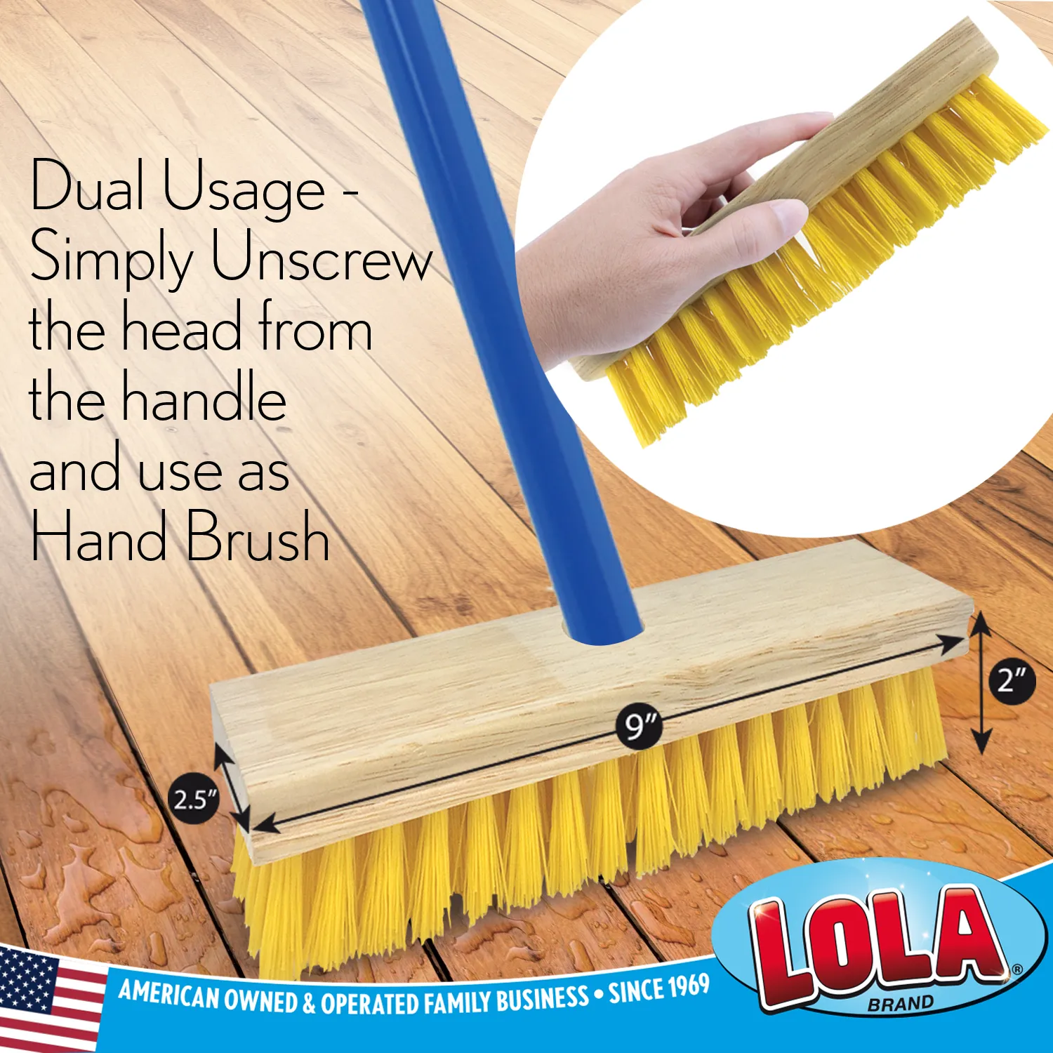 Deck Scrub Brush with 48" Long Broom Handle and 9.0" x 3.5" scrubber w/ 4-piece handle and 2 heads