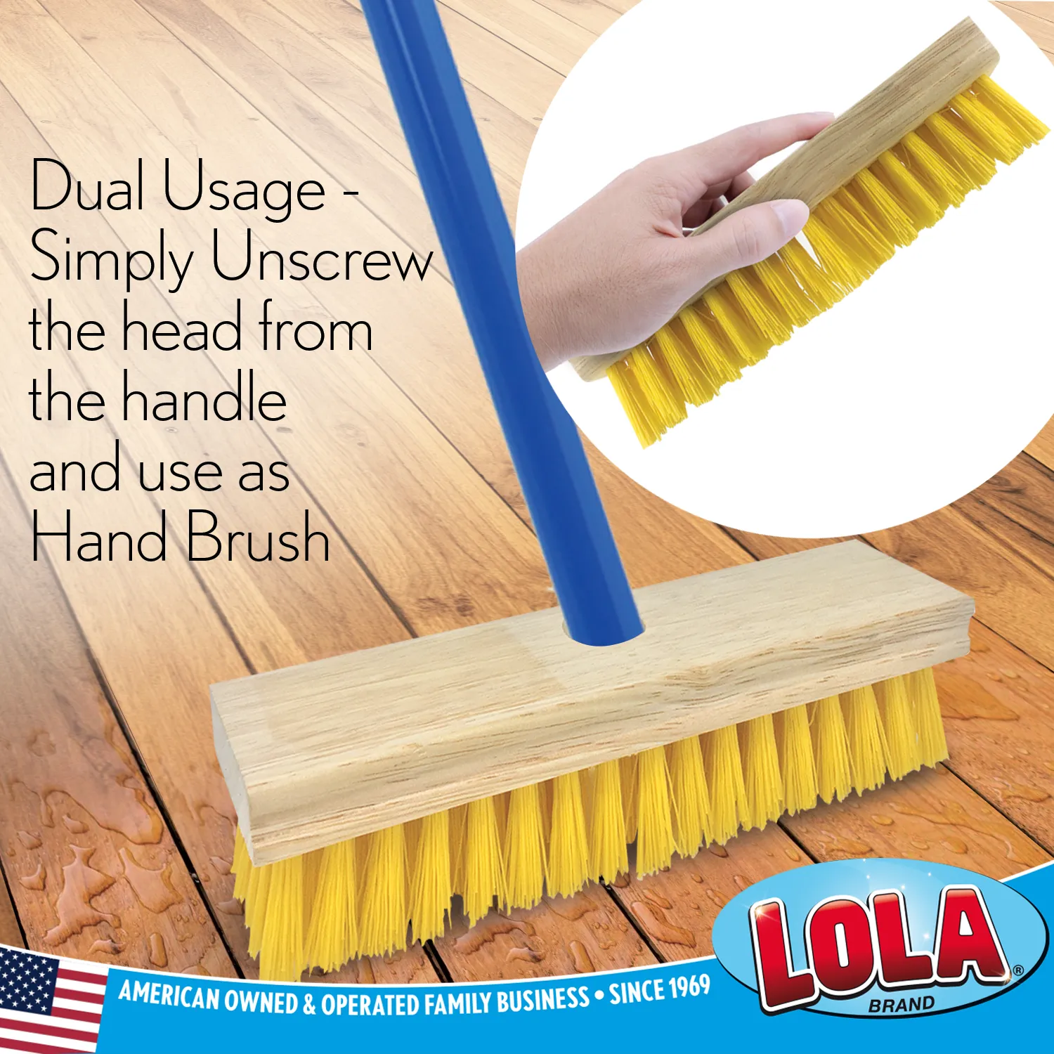 Deck Scrub Brush with 48" Long Broom Handle and 9.0" x 3.5" scrubber w/ 4-piece handle