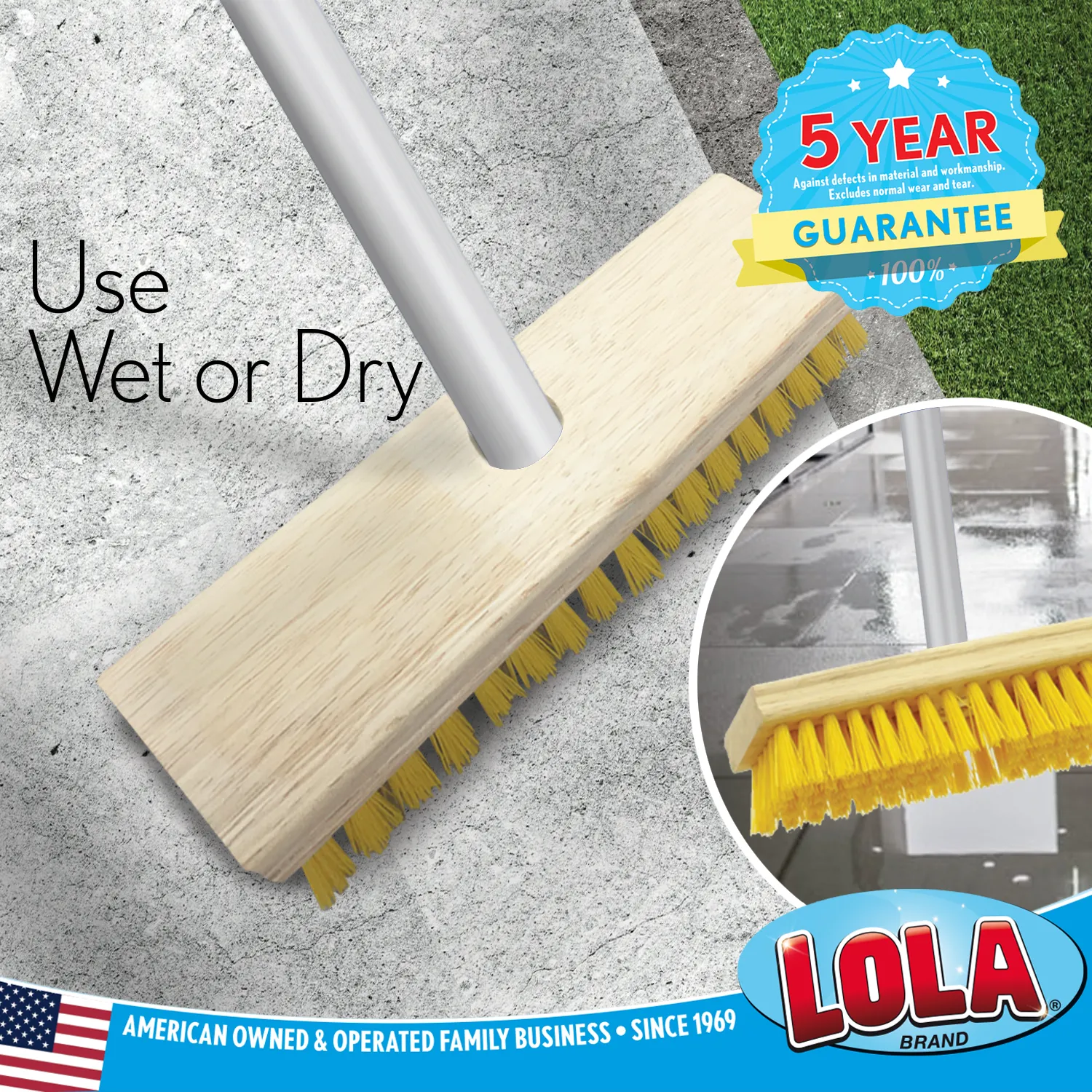 Deck Scrub Brush with 48" Long Broom Handle and 9.0" x 3.5" scrubber w/ 4-piece Threaded handle