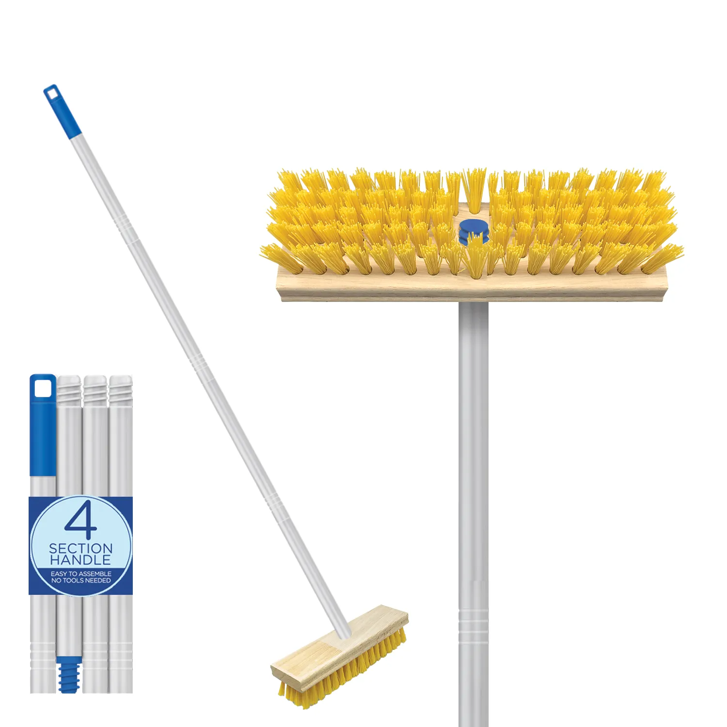 Deck Scrub Brush with 48" Long Broom Handle and 9.0" x 3.5" scrubber w/ 4-piece Threaded handle