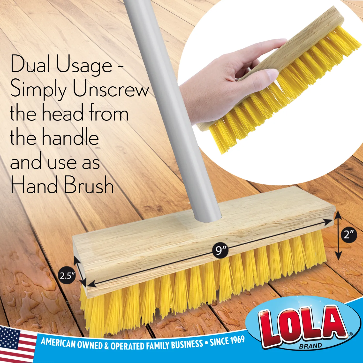 Deck Scrub Brush with 48" Long Broom Handle and 9.0" x 3.5" scrubber w/ 4-piece Threaded handle