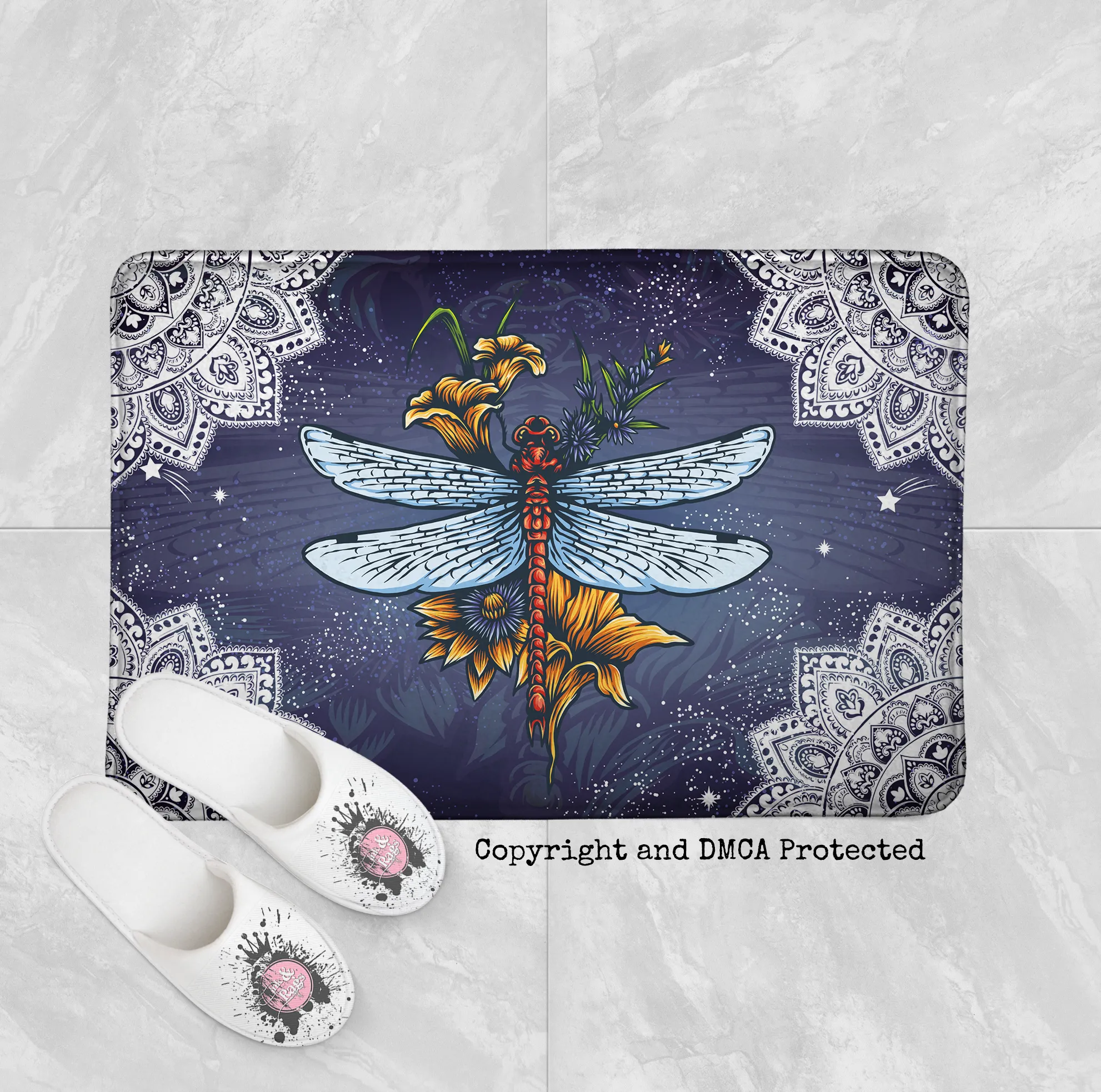 Dragonfly Mandala Bloom Shower Curtains and Optional Bath Mats