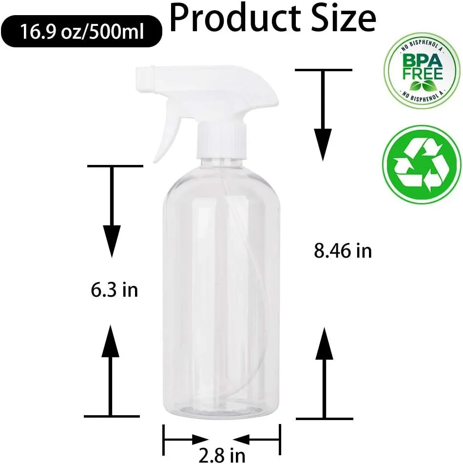 Flowcheer 16.9 oz Plastic Spray Bottle Trigger Empty Spray Bottles Clear Refillable Container for Water, Essential Oils, Hair, Cleaning Products, Adjustable Head Sprayer and Stream (2 Pack)