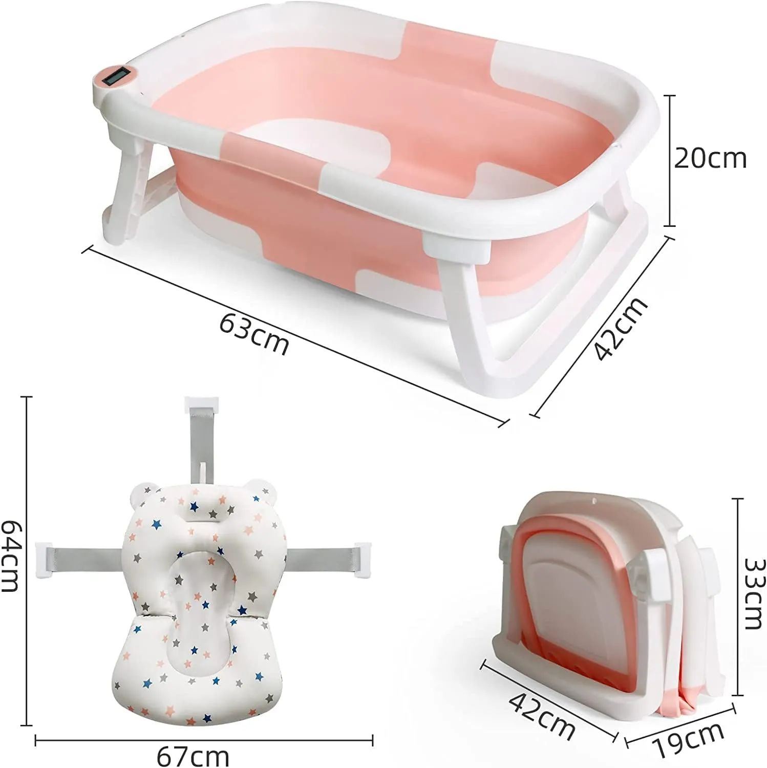 Foldable Non-Slip Baby Bath Tub, Pink White, BPA-Free