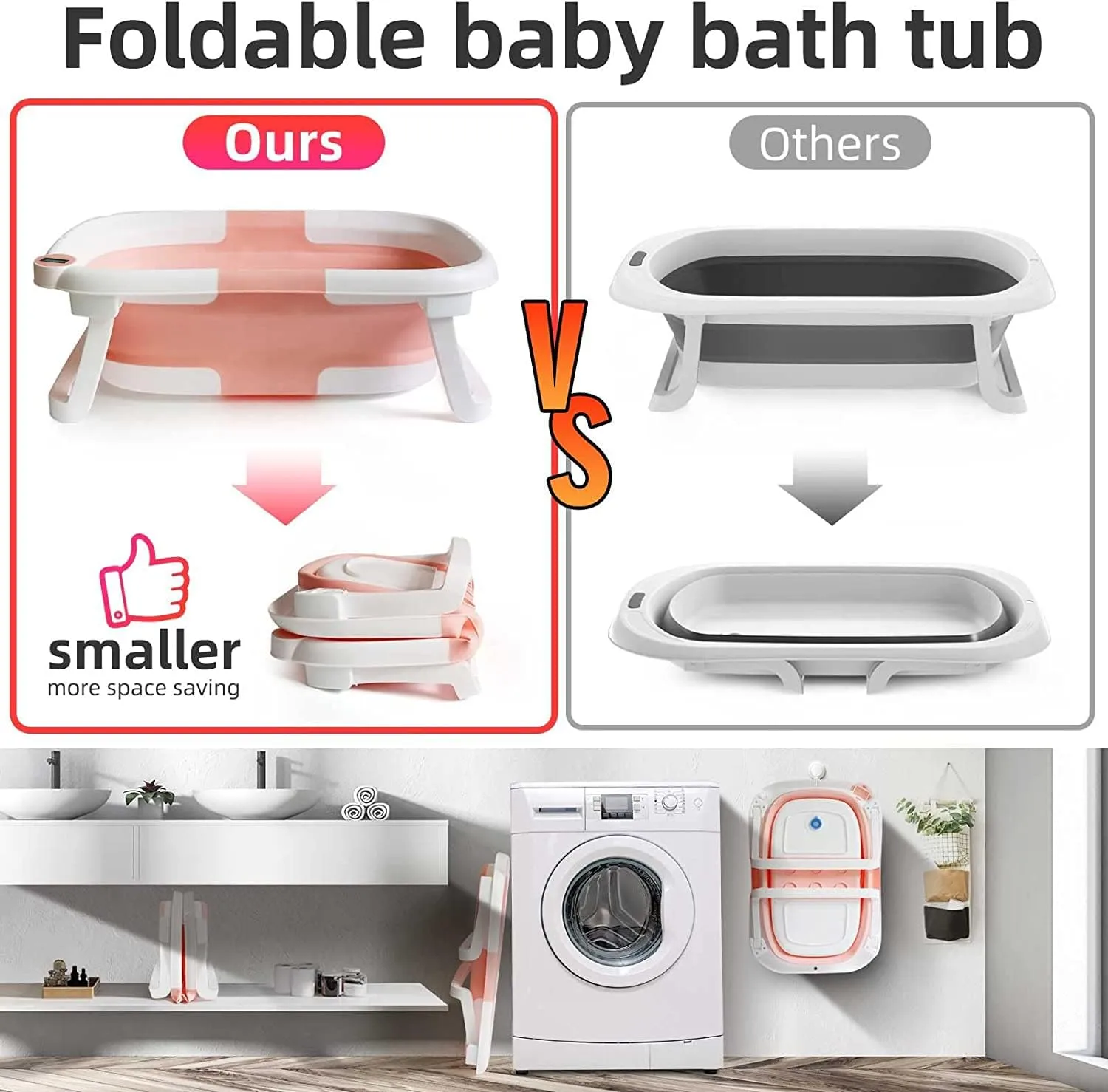 Foldable Non-Slip Baby Bath Tub, Pink White, BPA-Free