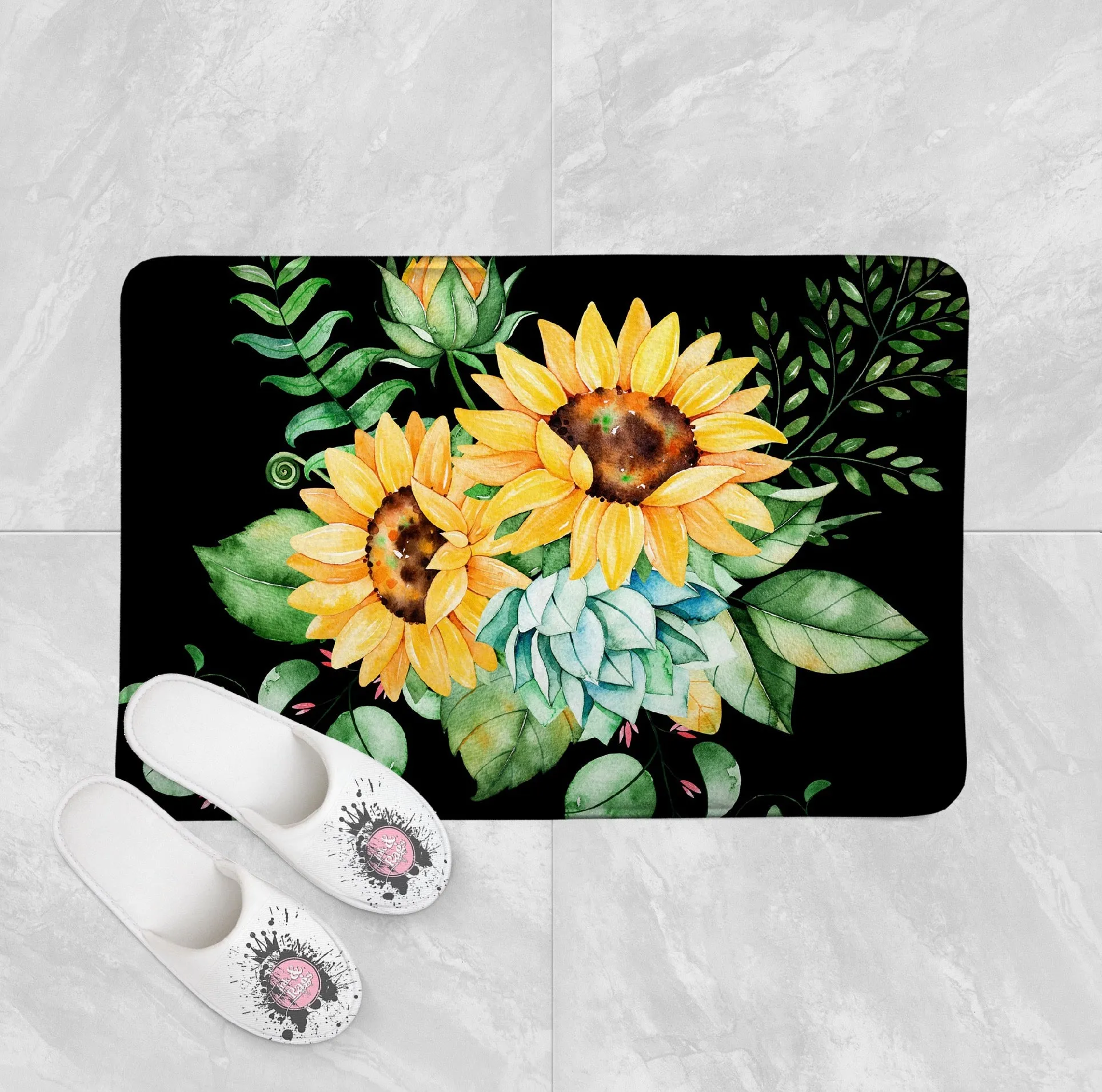 Grand Sunflower on Black Shower Curtains and Optional Bath Mats