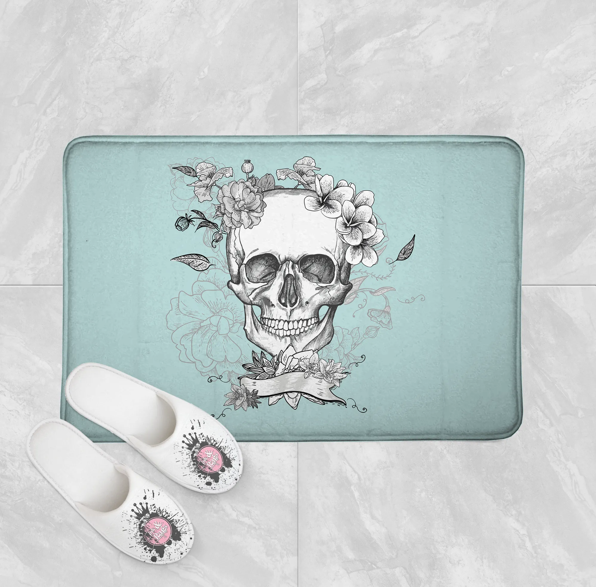 Ice Blue Torso Skeleton and Flower Shower Curtains and Optional Bath Mats