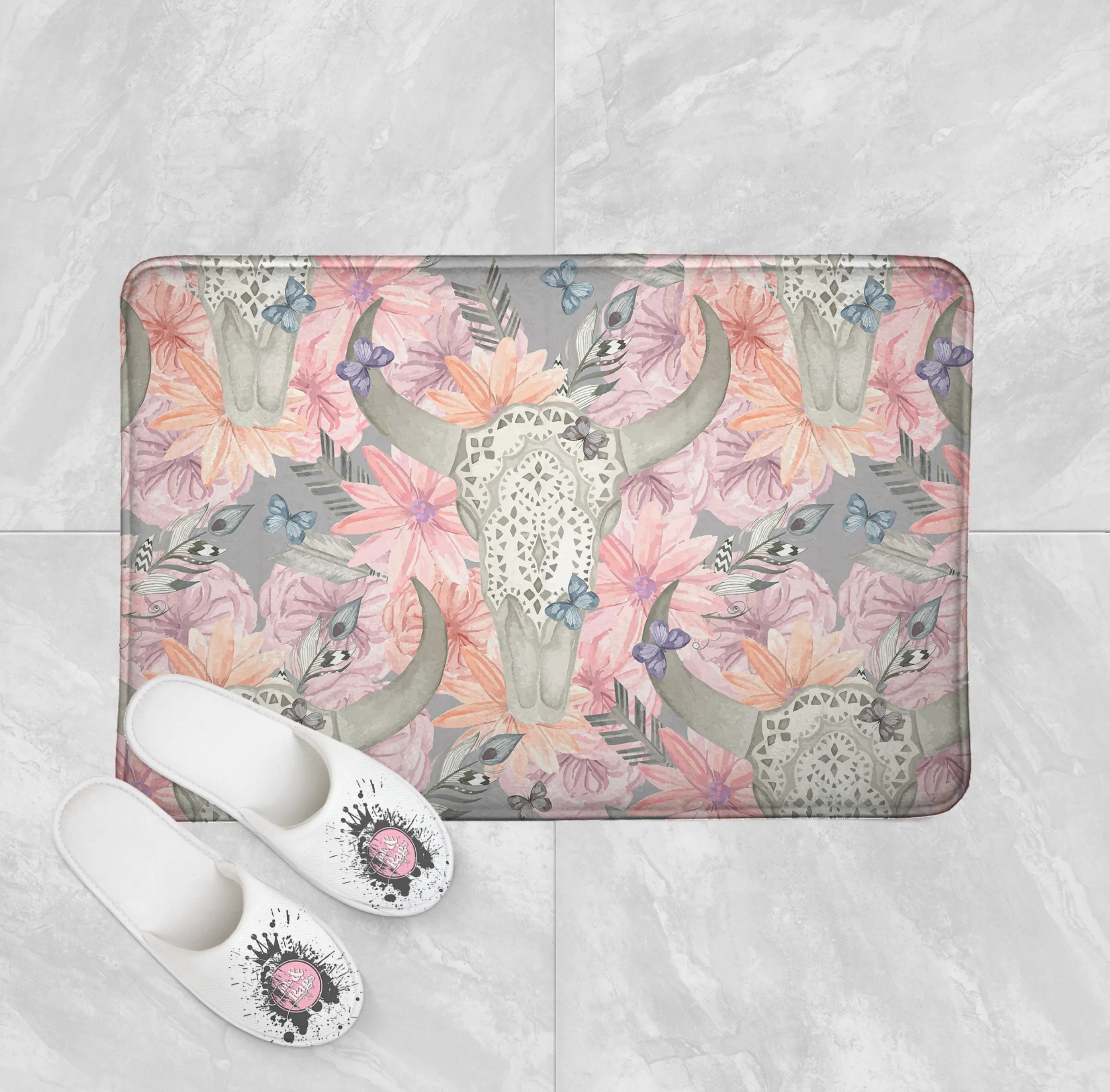 Longhorn Skull with Lace and Pink Flowers Shower Curtains and Optional Bath Mats