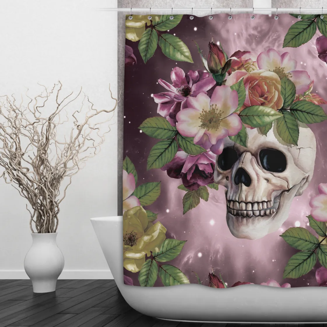 Maroon Watercolor Galaxy Floral Skull Shower Curtains and Optional Bath Mats