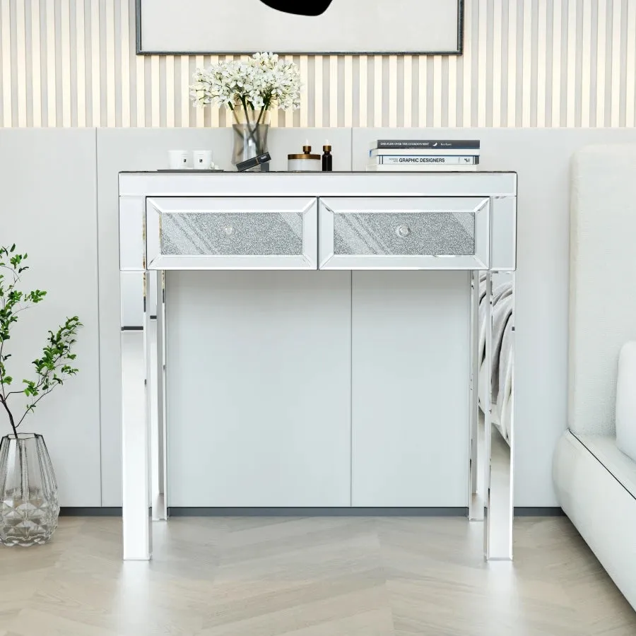 Mirrored Vanity Makeup Table with Crystal Diamond Accents and 2 Drawers