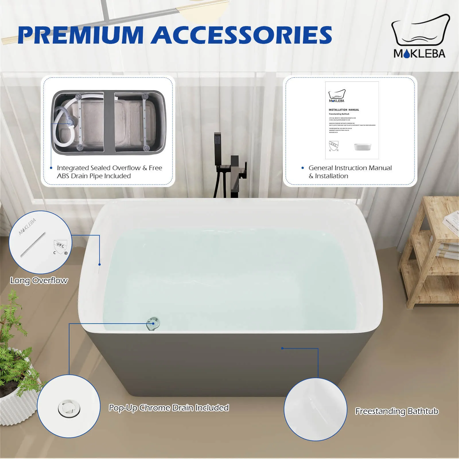 Mokleba 47'' Acrylic Small Freestanding Tub Modern Japanese Soaking Bathtub