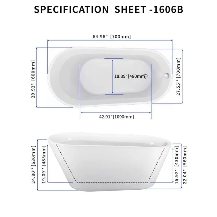 Mokleba 65" Acrylic Slipper Flatbottom Freestanding Soaking Bathtub in Glossy White