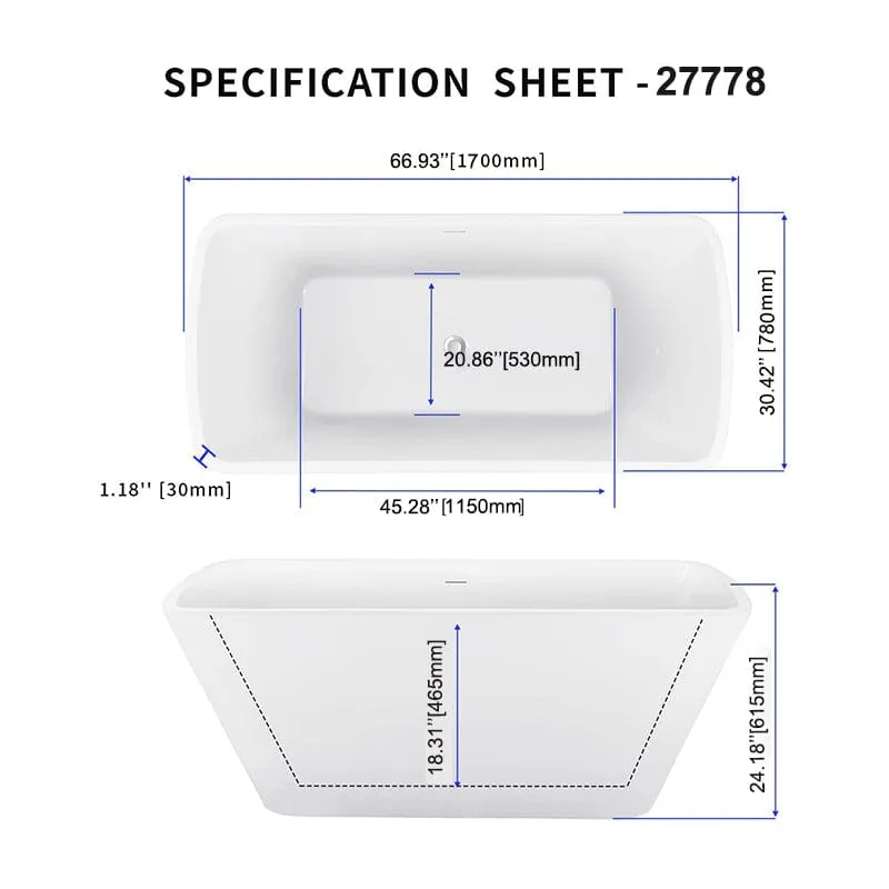 Mokleba 67'' Lucite Acrylic Bathtub Trapezoidal Shape Freestanding Soaking Tub Glossy White