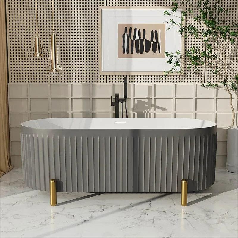 Mokleba 67'' Oval Acrylic Fluted Freestanding Soaking Bathtub with Feet