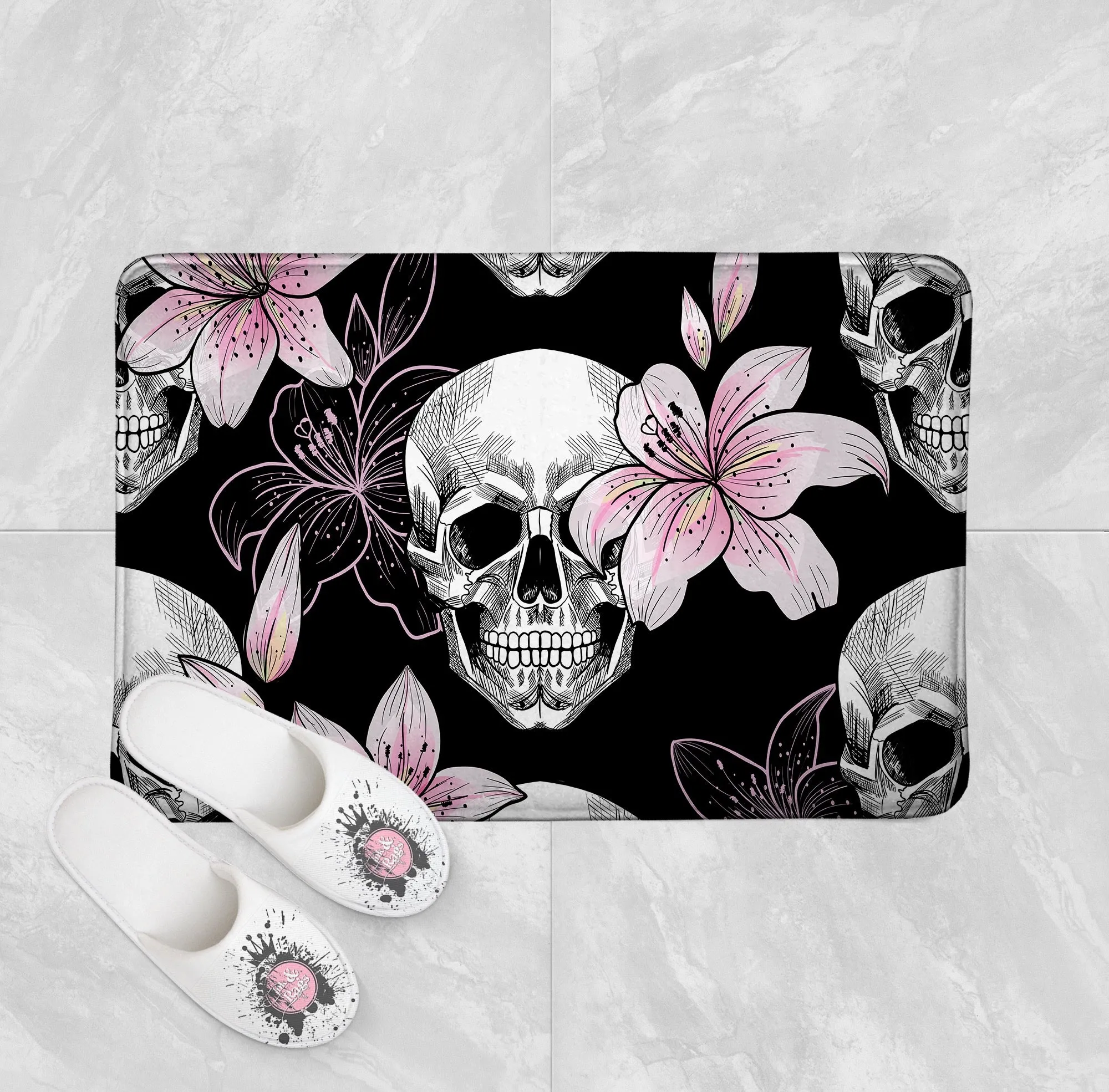 Pink Lily and Skull Shower Curtains and Optional Bath Mats