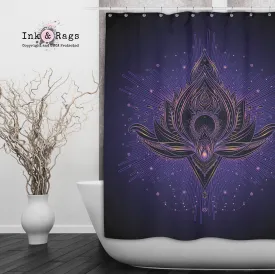 Purple Blue Tattoo Style Lotus Shower Curtains and Optional Bath Mats