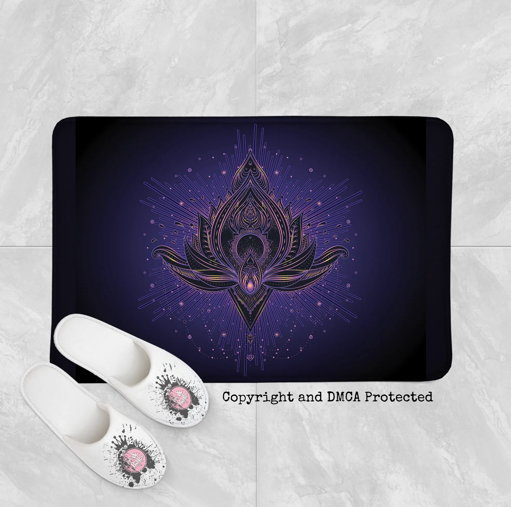 Purple Blue Tattoo Style Lotus Shower Curtains and Optional Bath Mats