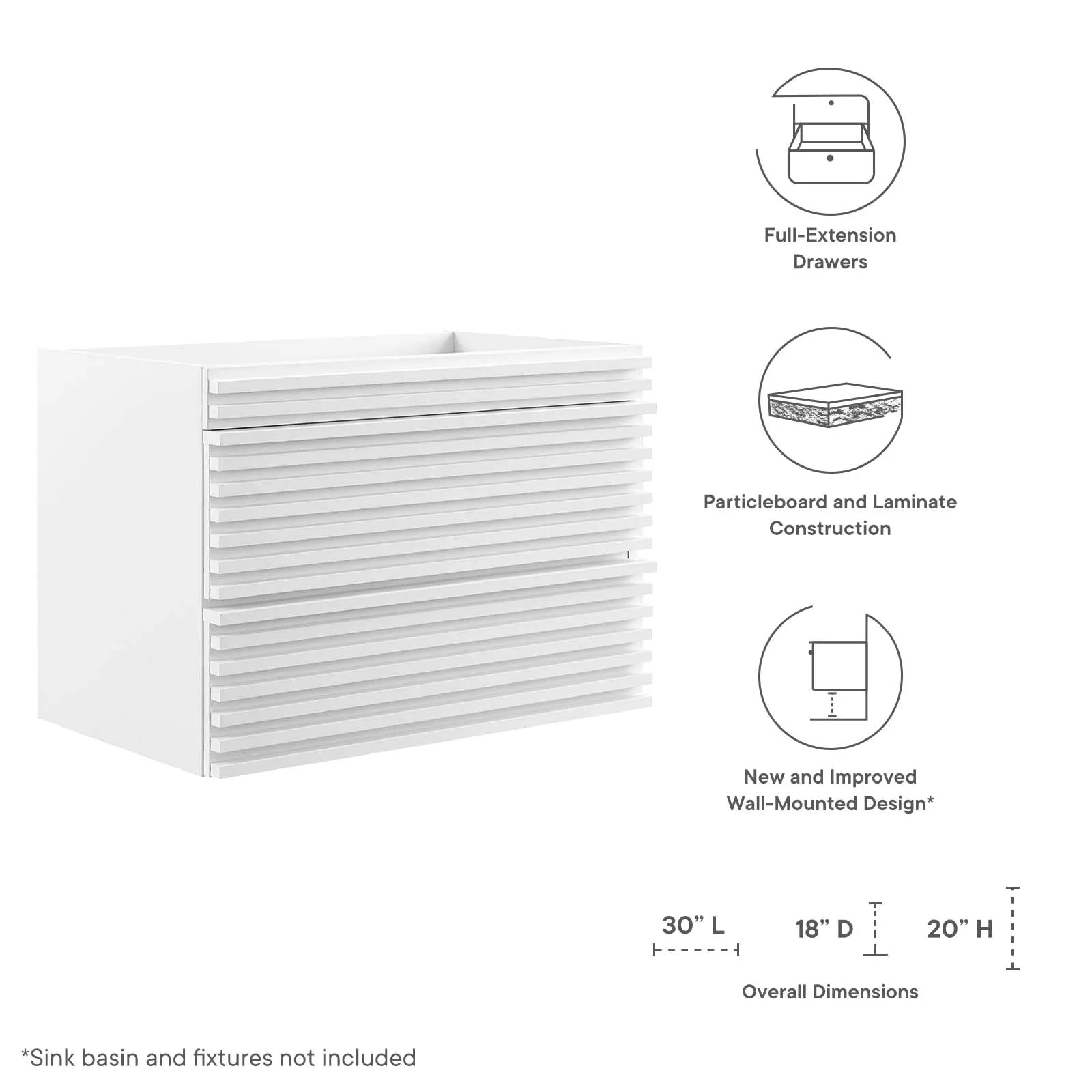 Render 30" Wall-Mount Bathroom Vanity Cabinet (Sink Basin Not Included) White EEI-4850-WHI