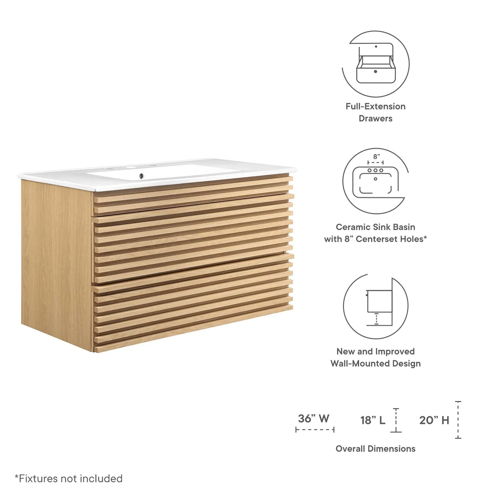 Render 36" Wall-Mount Bathroom Vanity Oak White EEI-4436-OAK-WHI