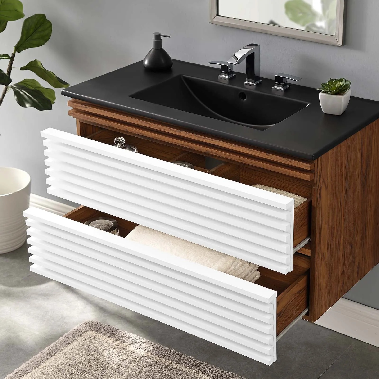 Render 36" Wall-Mount Bathroom Vanity White Walnut Black EEI-5395-WHI-WAL-BLK