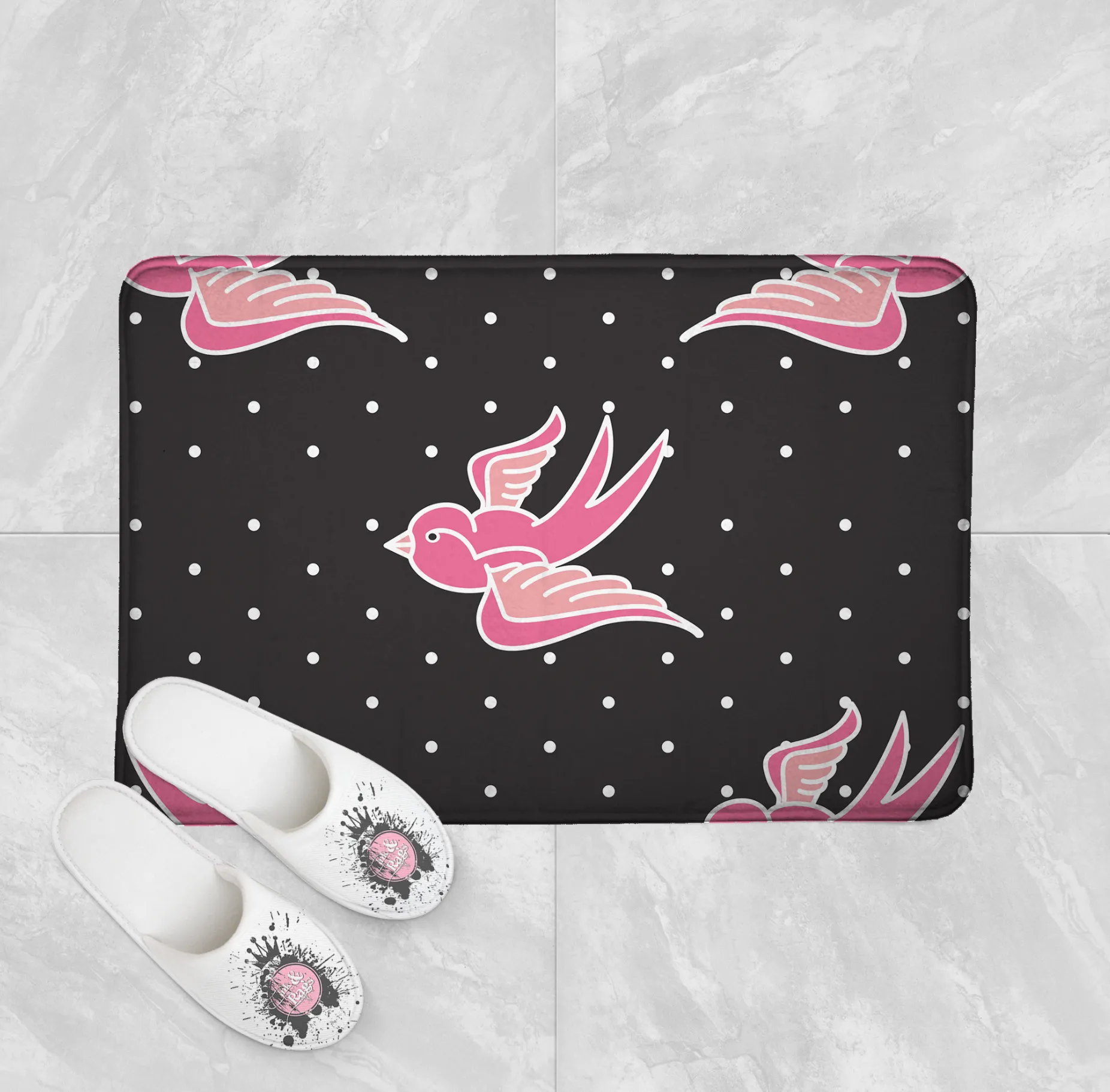 Rockabilly with Pin Dot and Pink Swallows Shower Curtains and Optional Bath Mats