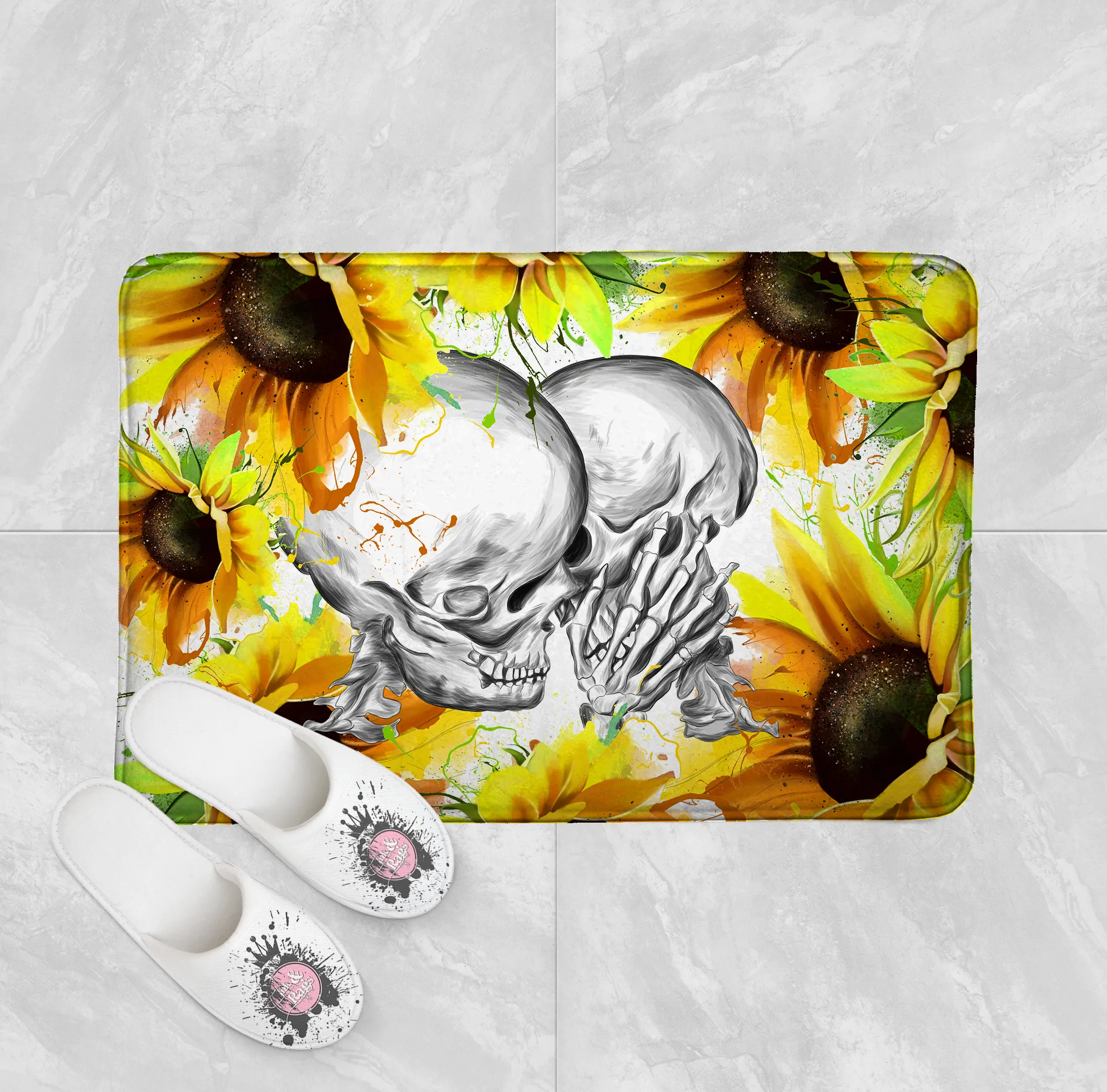 Sunflower Kiss Skull Shower Curtains and Optional Bath Mats