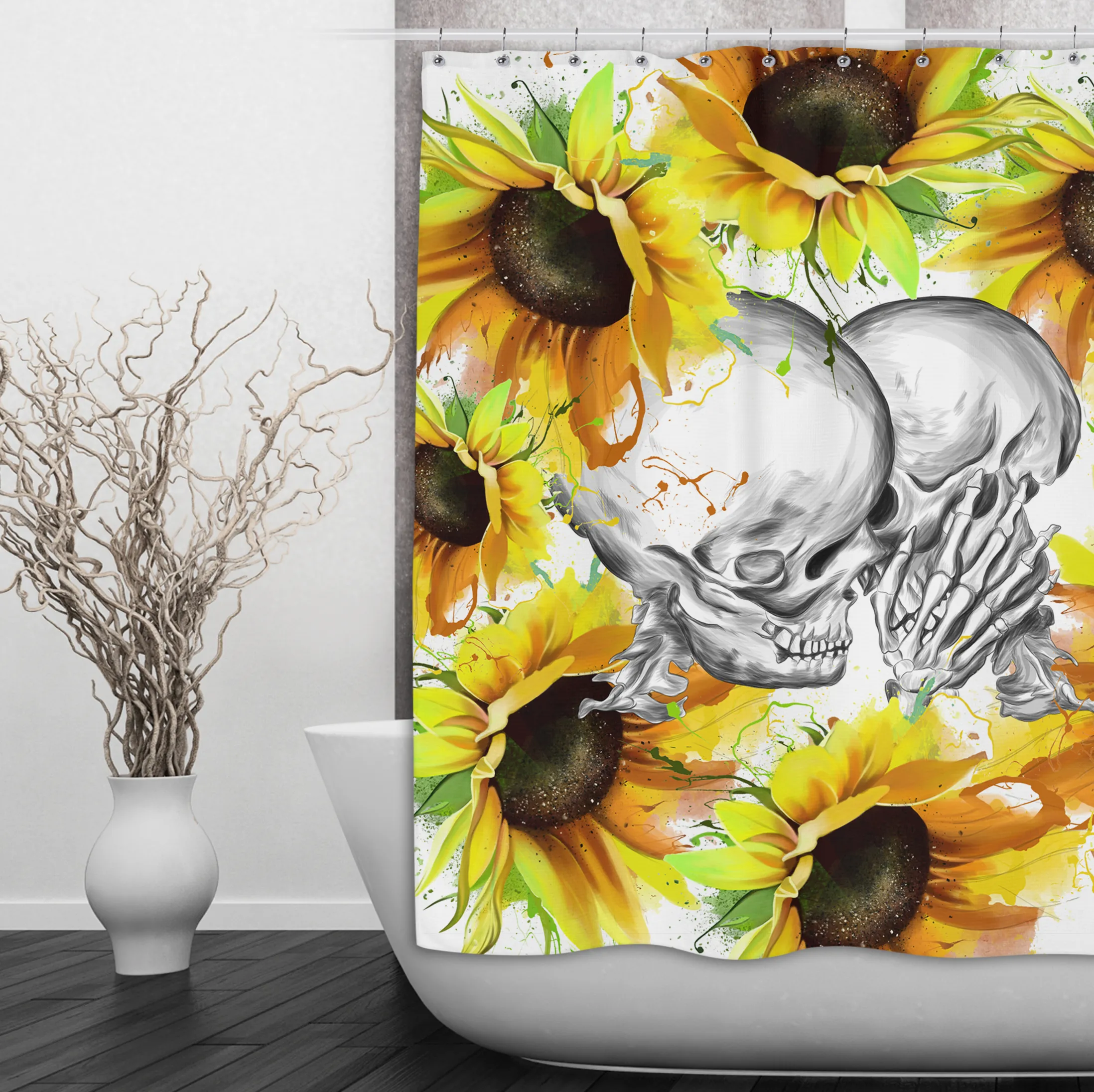 Sunflower Kiss Skull Shower Curtains and Optional Bath Mats