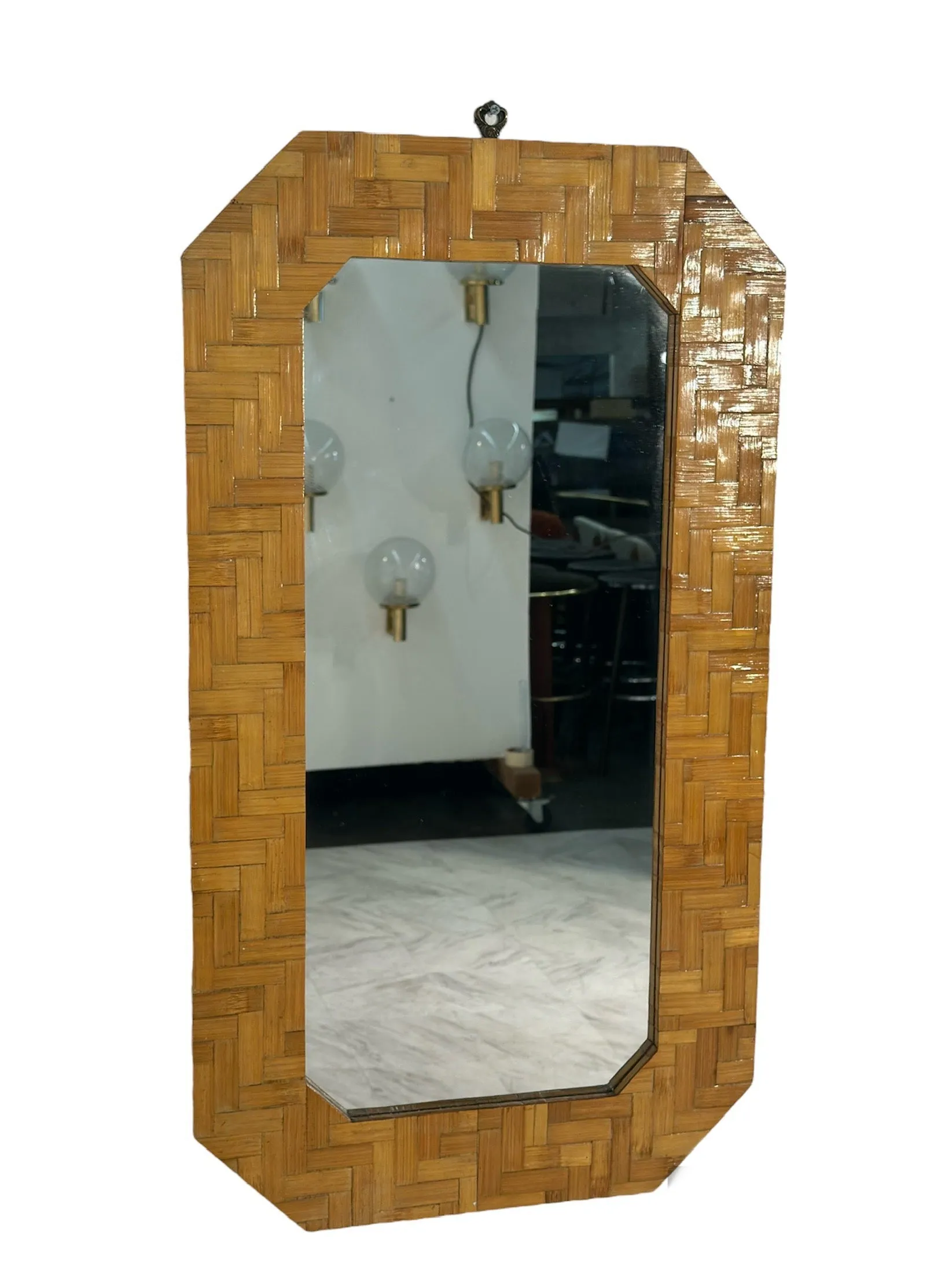 Vintage Italian Octagonal Wood Frame Wall Mirror 1980s